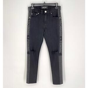 Homme + Femme NEW Skinny Distressed Jeans Mens Sz 28 Black Shimmer Logo Stripes